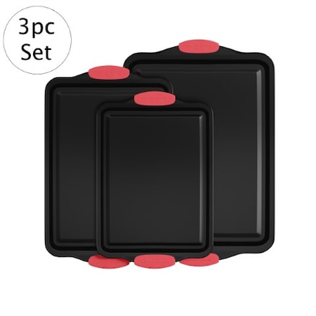 Hastings Home 3-pc Baking Pans, Nonstick Sheet, Silicone Handles, 17.75"x12", 15.75"x10" Jelly Roll, 13.5"x9" Bakeware 635869HNZ